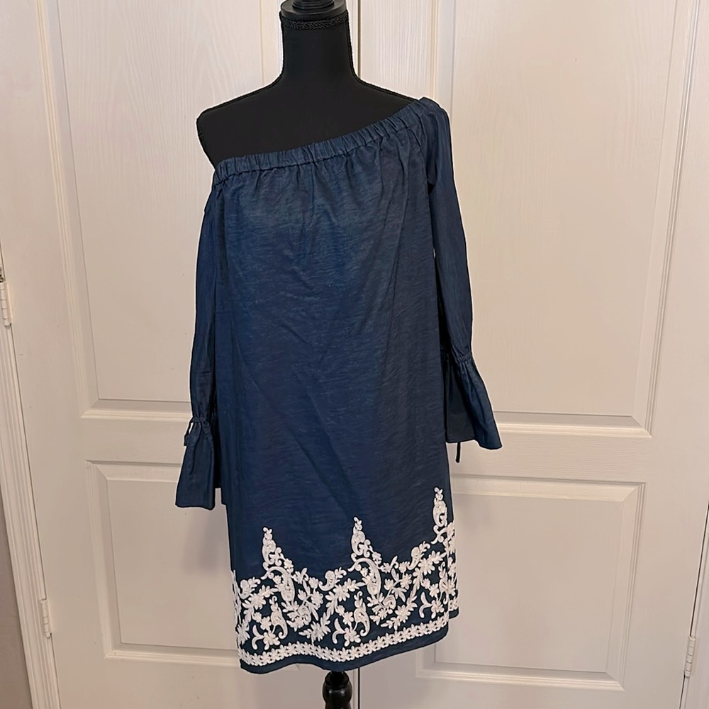 Demin Style Off the Shoulder Dress. Floral Design at the bottom.